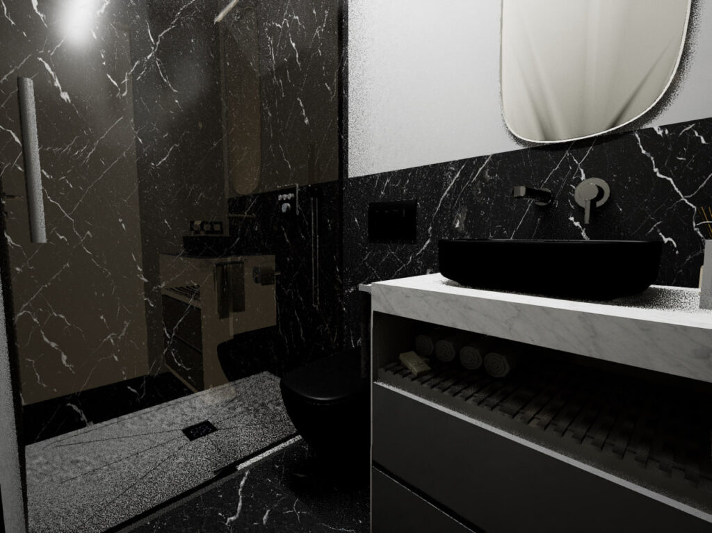 Dark marble-look porcelain bathroom with a vessel sink