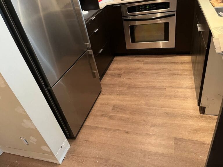 Galley kitchen with stainless wall ovens and new plank flooring