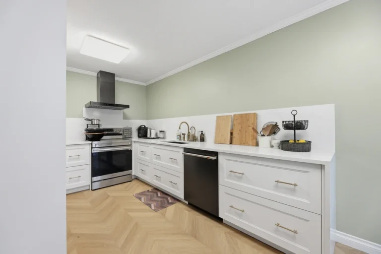 Kitchen and herringbone flooring, 9828 Belfriar Drive, Burnaby