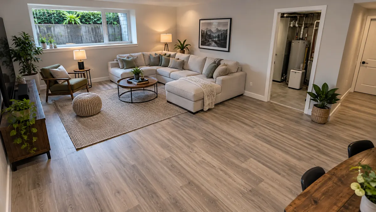 Finished basement with durable plank flooring