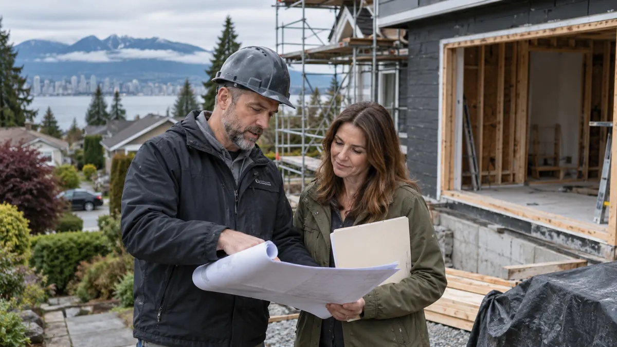 Homeowner and building professional reviewing renovation plans