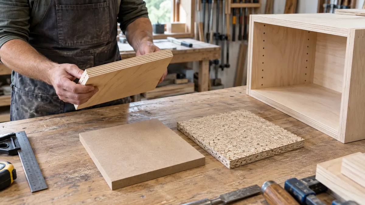 Plywood, MDF and particleboard cabinet material samples