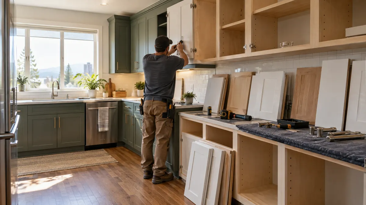 Kitchen cabinet refacing during a renovation