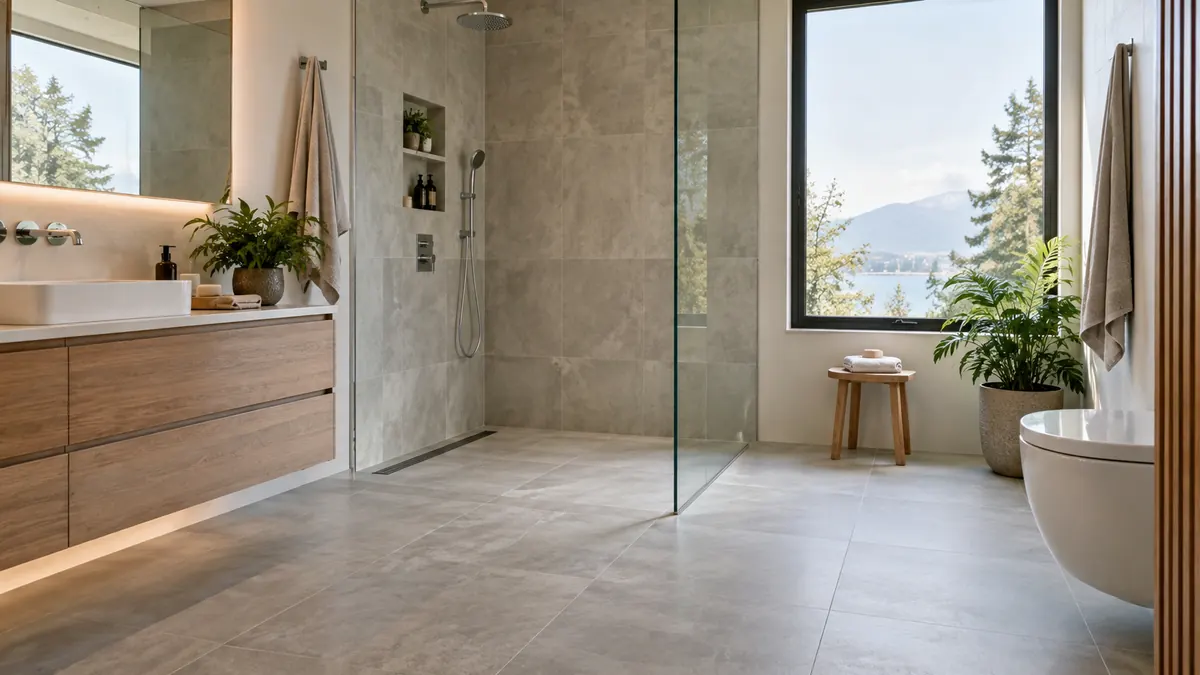 Open wet room with a curbless shower and glass screen