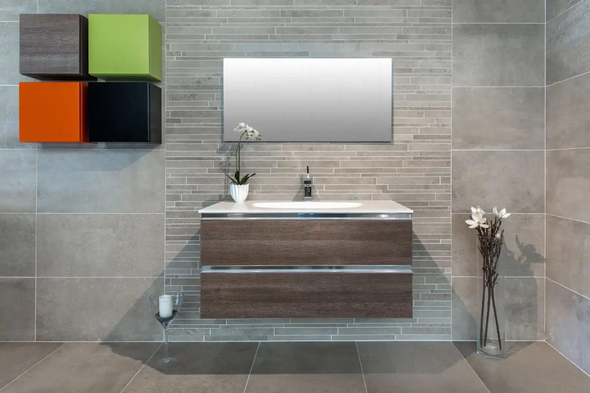 Modern floating bathroom vanity mounted above the floor