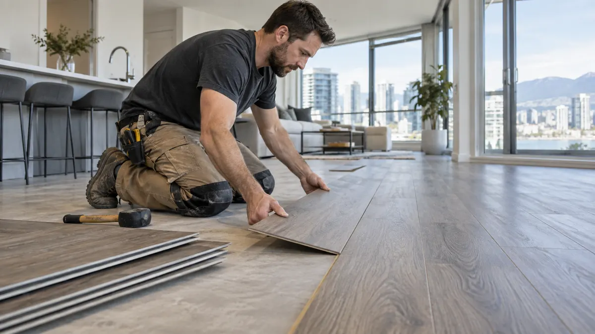 Installer fitting luxury vinyl plank flooring