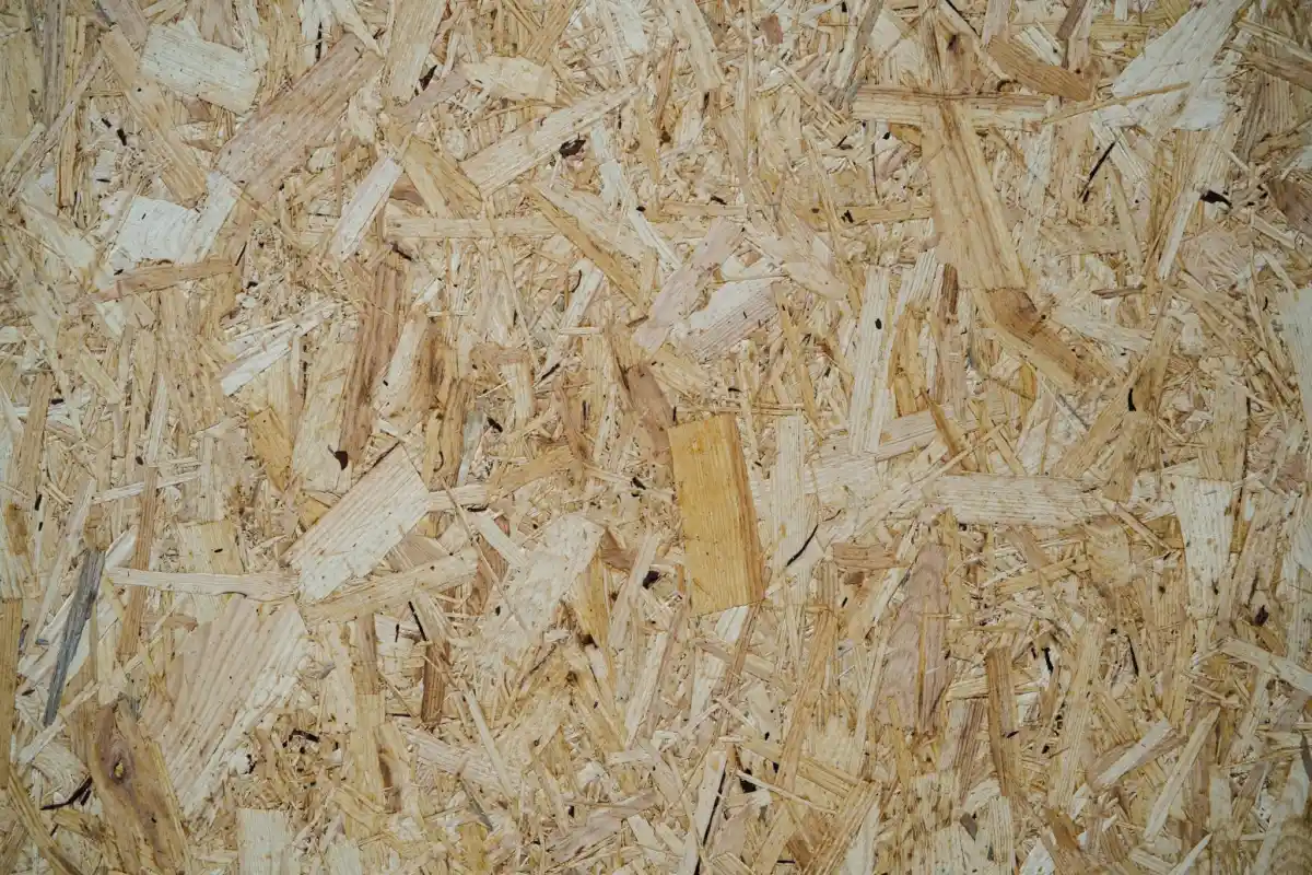 Close view of bonded wood chips in particleboard
