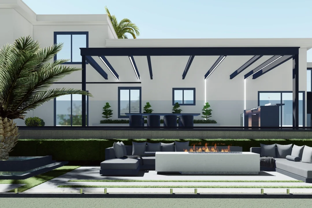 3D design rendering of a backyard and outdoor living space