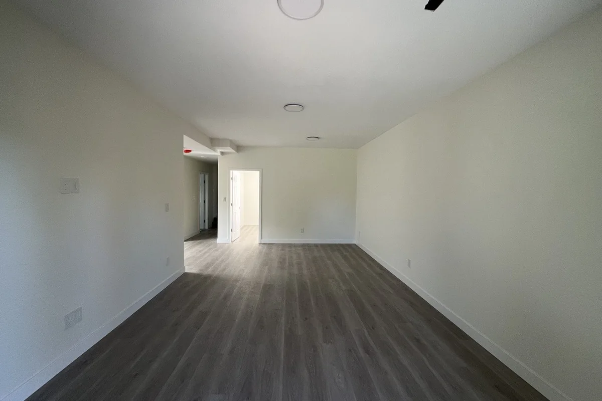 Bright renovated living space with grey vinyl plank flooring